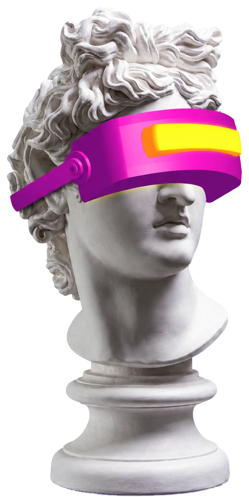 A classical marble bust wearing a magenta visor with a glowing yellow strip